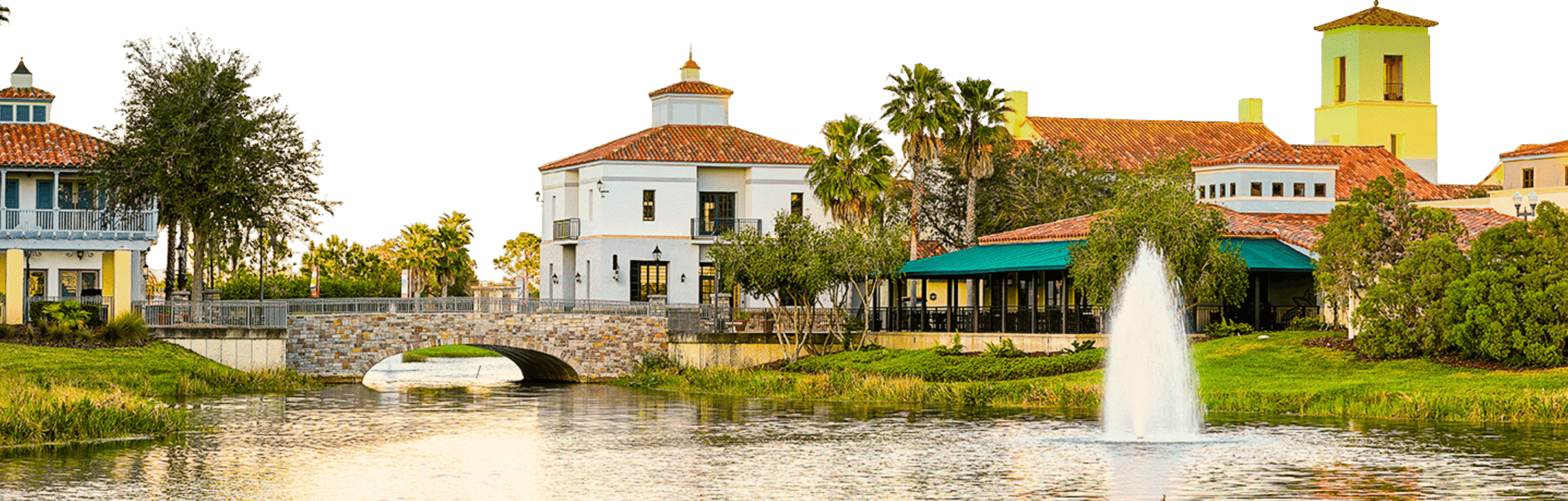Solivita waterfront buildings and fountain